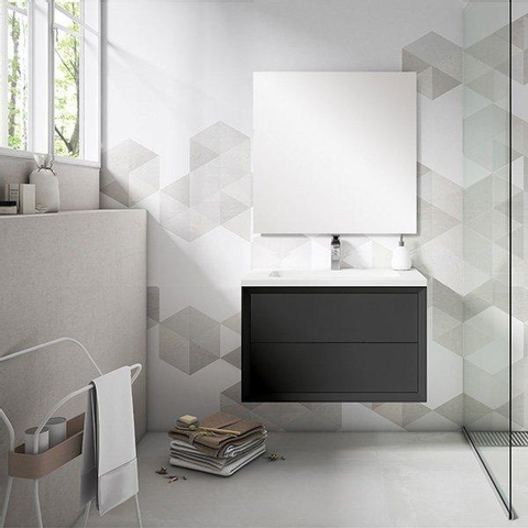 Saniclass Prime Core Meuble de salle de bain - 80x50x45cm - 1 vasque ovale en céramique blanc - 1 trou de robinet - 2 tiroirs - miroir rectangulaire - noir mat SW925863