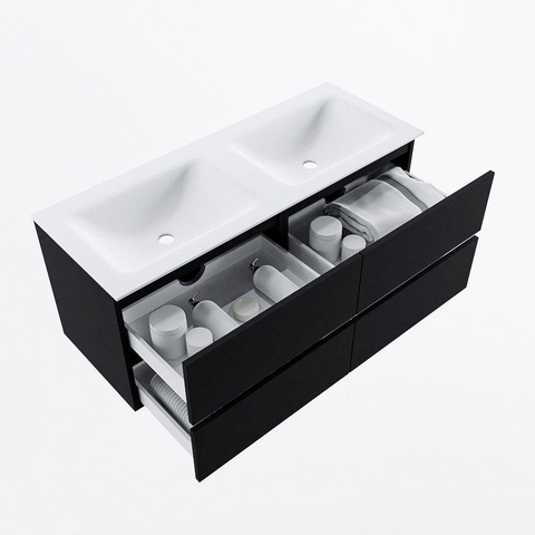 MONDIAZ VICA meuble sous lavabo 120cm Urban 4 tiroirs. Lavabo CLOUD double sans trou de robinet, couleur Talc. SW1381916