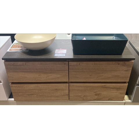 INK Wastafelonderkast - 120x45x52cm - 4 lades - greeploos - met houten keerlijst - MFC - Naturel eiken - incl. topblad noten hout - OUTLET UDEN STORE45068