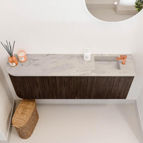 Mondiaz JOYA-DLUX 111.6cm toiletmeubel - ronding links kleur Walnut - Wastafel FAYE positie Rechts 1 kraangat kleur Glace. SW1422405