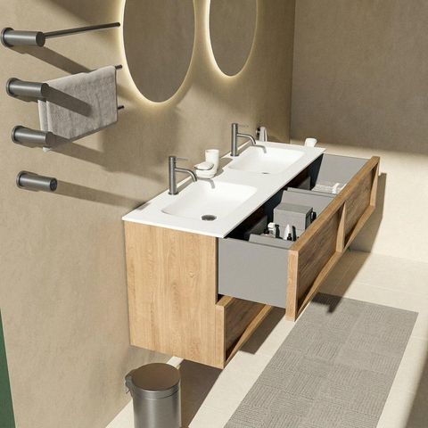 Saniclass Holz Frame Badkamermeubelset - 140x45x61.5cm - Flow solid surface wastafel - 2 wasbakken - 2 kraangaten - met overloop - 4 lades - mat eiken natural (hout) SW1579789