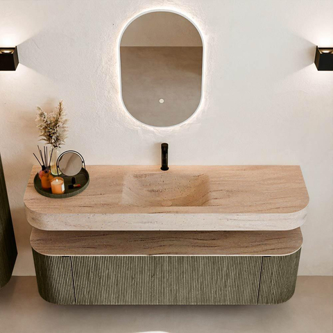 MONDIAZ THOR-DLUX 160cm meuble de salle de bains arrondi gauche + droite couleur Shadow avec 1 tiroir et 2 portes. Vasque suspendue CLOUD Milieu 1 trou de robinet couleur Saba. SW1465372
