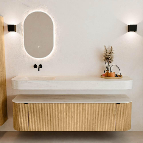 MONDIAZ THOR-DLUX 170cm meuble de salle de bains arrondi gauche + droite couleur Oak avec 1 tiroir et 2 portes. Vasque suspendue CLOUD gauche sans trou de robinet couleur Meli. SW1465829