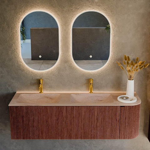 MONDIAZ KURVE-DLUX Meuble de salle de bains 145cm arrondi à droite couleur Ruby avec 1 tiroir et 1 porte. Lavabo LEAF Double / Gauche 2 trous de robinet Saba. SW1433497