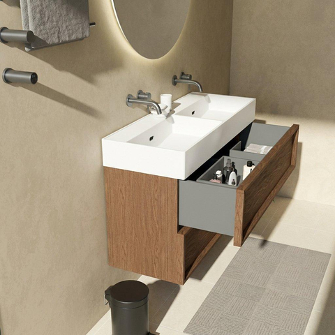 Saniclass Holz Frame Badkamermeubelset - 120x45x72cm - Legend keramische wastafel mat wit - 2 wasbakken - 0 kraangaten - 2 lades - mat walnut pure (hout) SW1580076