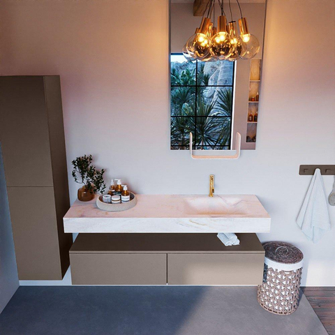 Mondiaz ALAN-DLUX Ensemble de meuble - 150cm - meuble Smoke mat - 2 tiroirs - Lavabo Cloud Ostra suspendu - vasque Droite - 1 trou de robinet SW807329
