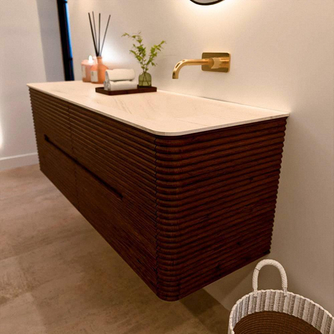 Mondiaz CIRO-DLUX Meuble de salle de bains - 140x45x50cm - Plan vasque Solid surface Meli - 1 vasque à droite - sans trous de robinetterie - 4 tiroirs - Ruby SW1531764