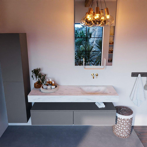 Mondiaz ALAN-DLUX Ensemble de meuble - 150cm - meuble Plata mat - 2 tiroirs - Lavabo Cloud Opalo suspendu - vasque Droite - 0 trous de robinet SW806883