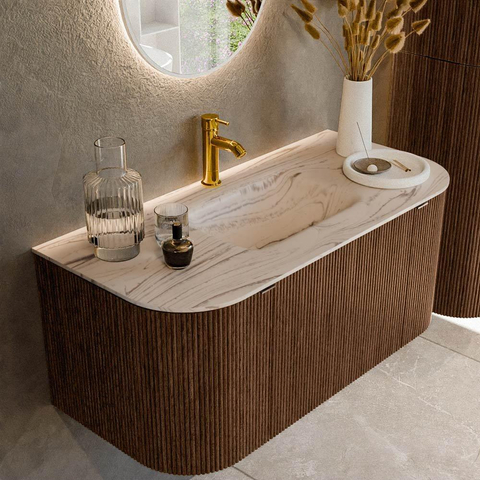 MONDIAZ KURVE-DLUX 100cm badmeubel ronding Links + Rechts kleur Walnut met 1 lade en 2 deuren. Wastafel GRUNNE Midden 1 kraangat Nata. SW1432152