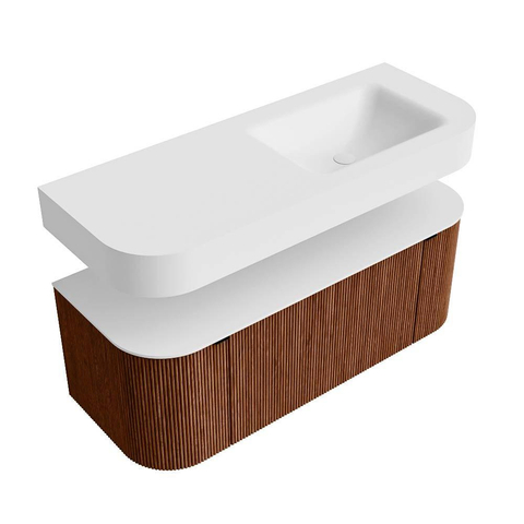 MONDIAZ THOR 120cm meuble de salle de bains arrondi gauche + droite couleur Ruby avec 1 tiroir et 2 portes. Vasque suspendue CLOUD Droite 1 trou de robinet couleur Talc. SW1463295