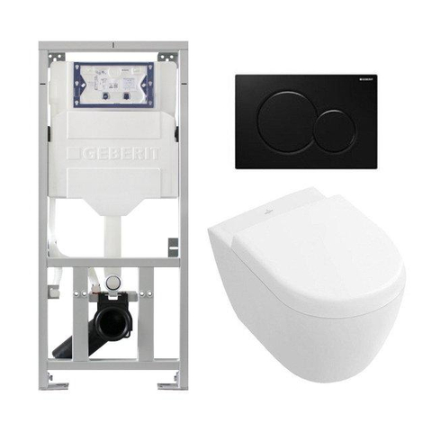 Villeroy & Boch Subway 2.0 DirectFlush compact toiletset - Geberit UP320 inbouwreservoir - softclose - quick release - Geberit Sigma01 glans zwart bedieningsplaat - ronde knoppen - white alpin SW47115