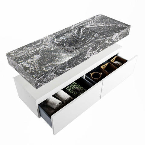 Mondiaz ALAN-DLUX Ensemble de meuble - 130cm - meuble Talc mat - 2 tiroirs - Lavabo Cloud Lava suspendu - vasque Centre - 1 trou de robinet SW807937