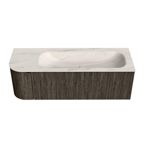 MONDIAZ KURVE-DLUX Meuble de salle de bains 135cm arrondi à gauche couleur Shadow avec 1 tiroir et 1 porte. Lavabo BIG MEDIUM à droite sans trou de robinet Meli. SW1431794