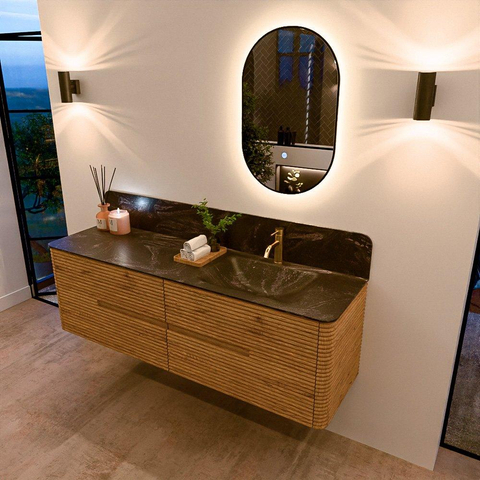 Mondiaz CIRO-DLUX Badkamermeubelset - 160x45x50cm - Solid surface wastafel Lava - 1 wasbak Rechts - 1 kraangat - 4 lades - Oak SW1530979