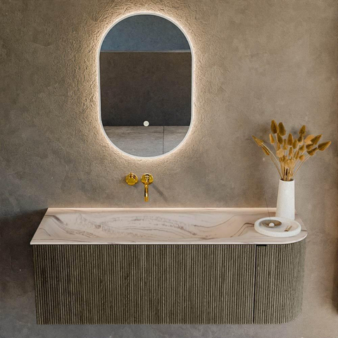 MONDIAZ KURVE-DLUX Meuble de salle de bains 125cm arrondi Droite couleur Shadow avec 1 tiroir et 1 porte. Lavabo BIG MEDIUM Gauche sans trou de robinet Nata. SW1432282
