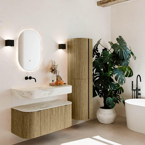 MONDIAZ THOR-DLUX 100cm meuble de salle de bains arrondi gauche + droite couleur Dusk avec 1 tiroir et 2 portes. Vasque suspendue CLOUD Gauche sans trou de robinet couleur Ostra. SW1467356