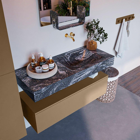 Mondiaz ALAN-DLUX Ensemble de meuble - 110cm - meuble Oro mat - 1 tiroir - Lavabo Cloud Lava suspendu - vasque Droite - 0 trous de robinet SW808787