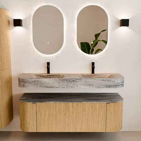 MONDIAZ THOR-DLUX Meuble de salle de bains 140cm arrondi gauche + droite couleur Oak avec 1 tiroir et 2 portes. Vasque suspendue CLOUD Double 2 trous de robinet couleur Oza. SW1464285