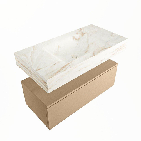 Mondiaz ALAN-DLUX Ensemble de meuble - 90cm - meuble Oro mat - 1 tiroir - Lavabo Cloud Frappe suspendu - vasque Centre - 0 trous de robinet SW805111