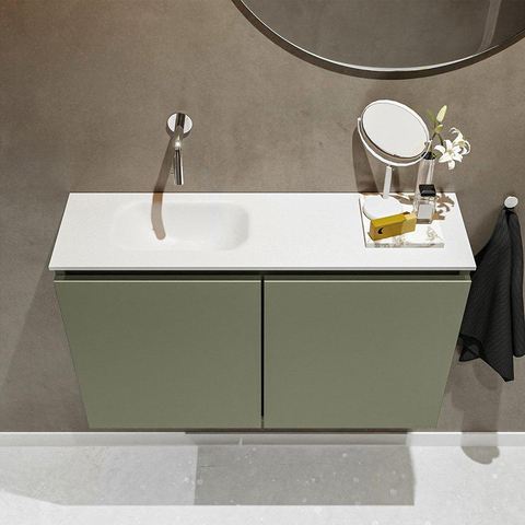MONDIAZ TURE Toiletmeubel 80x23x50cm met 0 kraangaten 2 deuren army mat Wastafel Eden links Solid Surface Wit SW475003