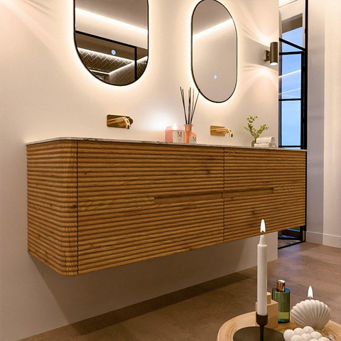 Mondiaz CIRO-DLUX Meuble de salle de bains - 170x45x50cm - Plan-vasque Solid surface Glace - 2 vasques Double - sans trous de robinet - 4 tiroirs - Chêne SW1533781