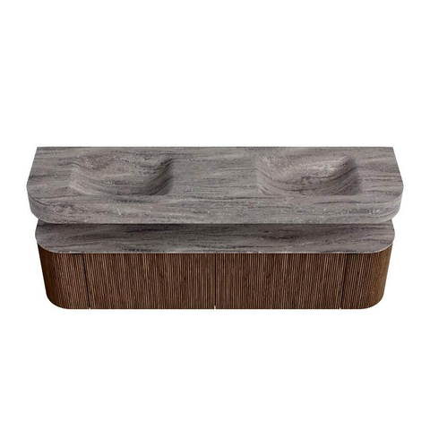MONDIAZ THOR-DLUX 180cm badmeubel ronding links + rechts kleur Walnut met 2 lades en 2 deuren. Vrijhangende wastafel CLOUD Dubbel 2 kraangaten kleur Oza. SW1466297