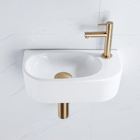 Fugaflow Efficiente Pietra Ensemble lavabo pour WC - 40x21.5x12cm - droite - lisse - semi‑rond - 1 trou de robinet - céramique - robinet de lave-mains laiton brossé - bonde - siphon réduit - blanc brillant SW1442351