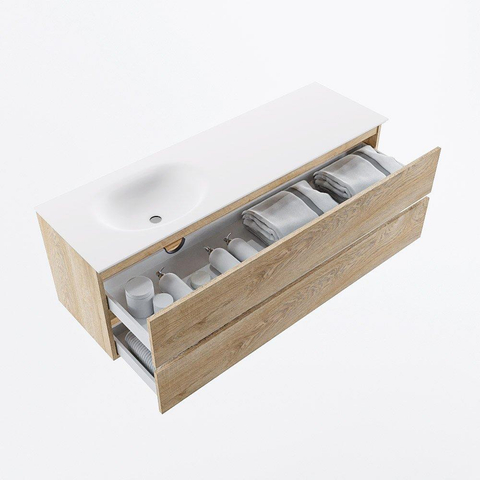MONDIAZ VICA meuble sous lavabo 150cm Chêne blanchi 2 tiroirs. Lavabo MOON gauche 1 trou de robinet, couleur Talc. SW1381878