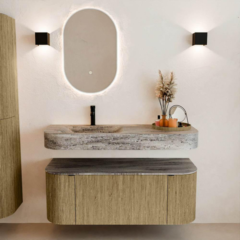 MONDIAZ THOR-DLUX 120cm meuble de salle de bains arrondi gauche + droite couleur Dusk avec 1 tiroir et 2 portes. Vasque suspendue CLOUD gauche 1 trou de robinet couleur Oza. SW1463457