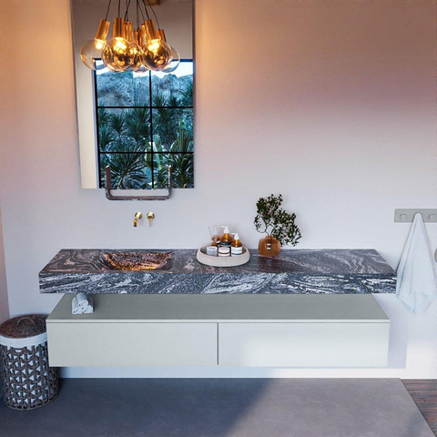 Mondiaz ALAN-DLUX Ensemble de meuble - 200cm - meuble Clay mat - 2 tiroirs - Lavabo Cloud Lava suspendu - vasque Gauche - 0 trous de robinet SW808853