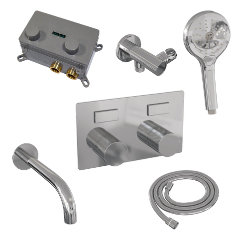 Brauer Chrome Carving mitigeur thermostatique bain encastré boutons poussoirs set 04 bec 3 positions douchette flexible douche raccord mural coude chrome SW925504