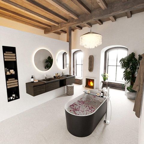 MONDIAZ BUKLA 200cm ensemble de meuble avec module ouvert 40 à droite couleur Marron Foncé avec 3 tiroirs. Lavabo CLOUD double 2 trous de robinet couleur Urban. SW1382139