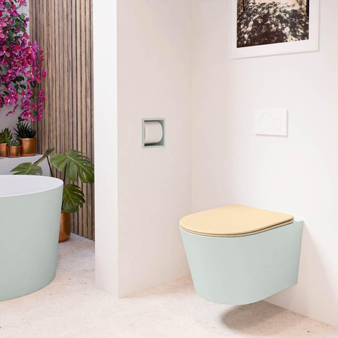 Mondiaz LAVIE hangtoilet – spoelrandloos – 36 x 53 cm – met softclose zitting – Greey (lichtgroen/grijs), zitting Sand (beige) SW1208770