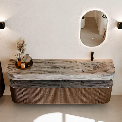 MONDIAZ THOR-DLUX 190cm meuble de salle de bains arrondi gauche + droite couleur Walnut avec 2 tiroirs et 2 portes. Vasque suspendue CLOUD Droite 1 trou de robinet couleur Sombra. SW1466715
