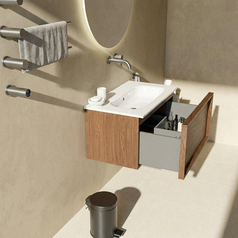 Saniclass Holz Frame Badkamermeubelset - 80x45x53.9cm - Chaci keramische wastafel wit - 1 wasbak - zonder kraangat - 1 lade - mat walnut pure (hout) SW1478794