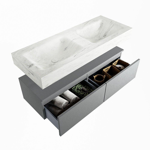 Mondiaz ALAN-DLUX Ensemble de meuble - 120cm - meuble Plata mat - 2 tiroirs - Lavabo Cloud Opalo suspendu - vasque Gauche et droite - 0 trous de robinet SW806949