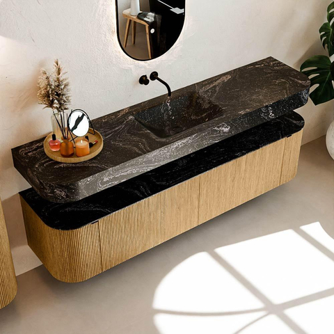 MONDIAZ THOR-DLUX Meuble de salle de bains - 190cm - arrondi gauche + droite - couleur Oak - 2 tiroirs - 2 portes - Vasque suspendue CLOUD Milieu sans trou de robinet - couleur Lava SW1466366