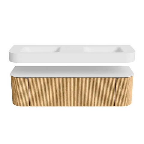 MONDIAZ THOR Meuble de salle de bains 160cm arrondi gauche + droite couleur Oak avec 1 tiroir et 2 portes. Vasque suspendue CLOUD Double sans trou de robinet couleur Talc. SW1412221