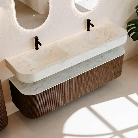 MONDIAZ THOR-DLUX Meuble de salle de bains - 170cm - arrondi gauche + droite - couleur Walnut - 1 tiroir et 2 portes - Lavabo suspendu CLOUD Double 2 trous de robinet - couleur Opalo SW1465592