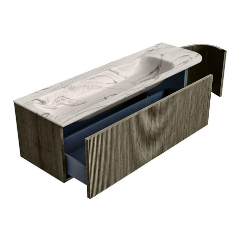 MONDIAZ KURVE-DLUX 145cm badmeubel ronding Rechts kleur Shadow met 1 lade en 1 deur. Wastafel BIG LARGE Links 1 kraangat Nata. SW1432304
