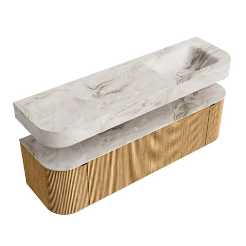 MONDIAZ THOR-DLUX 160cm badmeubel ronding links + rechts kleur Oak met 1 lade en 2 deuren. Vrijhangende wastafel CLOUD Rechts zonder kraangat kleur Frappe. SW1464941
