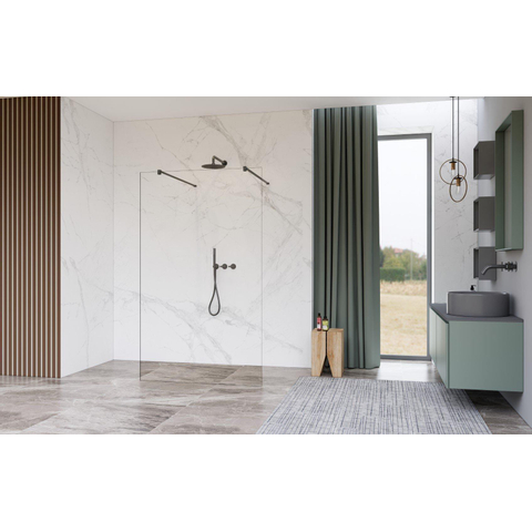 Fortifura Galeria Vrijstaande Inloopdouche - 110x200cm - helder geribbeld - antikalk - 8mm veiligheidsglas - wandsteunen - PVD - geborsteld gunmetal (antraciet) SW996275