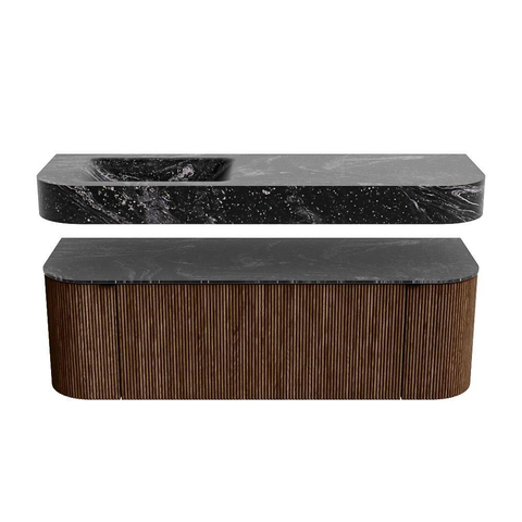 MONDIAZ THOR-DLUX 140cm meuble de salle de bains arrondi gauche + droite couleur Walnut avec 1 tiroir et 2 portes. Vasque suspendue CLOUD gauche 1 trou de robinet couleur Lava. SW1463971