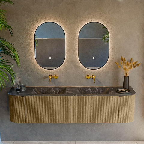 Mondiaz KURVE-DLUX Ensemble de meubles de salle de bains - 180x46x40cm - 2 tiroirs - 2 portes - lavabo solid surface - double - sans trou de robinet - Dusk SW1415546