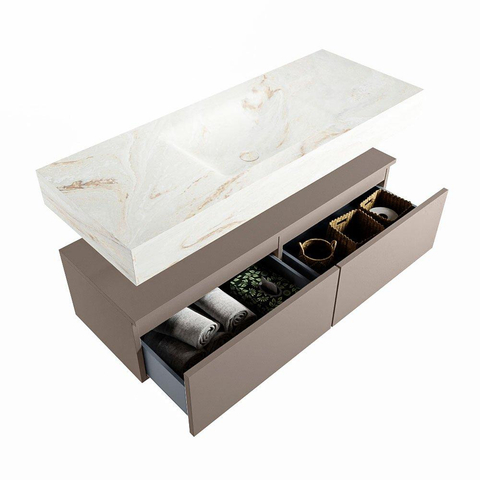 Mondiaz ALAN-DLUX Ensemble de meuble - 120cm - meuble Smoke mat - 2 tiroirs - Lavabo Cloud Frappe suspendu - vasque Centre - 0 trous de robinet SW804738