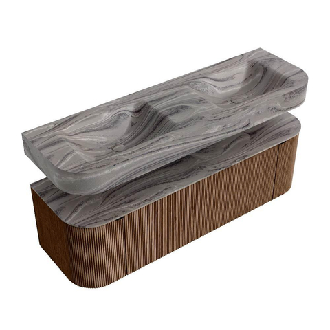 MONDIAZ THOR-DLUX 150cm meuble de salle de bains arrondi gauche + droite couleur Walnut avec 1 tiroir et 2 portes. Vasque suspendue CLOUD Double 2 trous de robinet couleur Sombra. SW1464945