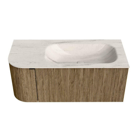MONDIAZ KURVE-DLUX 105cm badmeubel ronding Links kleur Dusk met 1 lade en 1 deur. Wastafel BIG SMALL Rechts zonder kraangat Meli. SW1431876