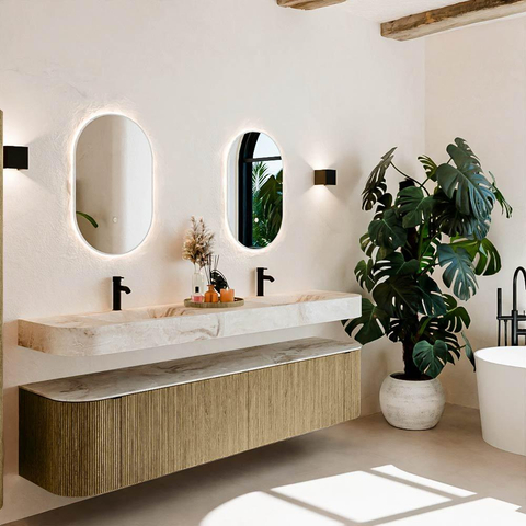 MONDIAZ THOR-DLUX Meuble de salle de bains - 200cm - arrondi gauche + droite - couleur Dusk - 2 tiroirs et 2 portes - Vasque suspendue CLOUD Double 2 trous de robinet - couleur Frappe SW1466846