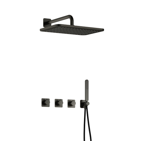 Hotbath Gal IBSGL70 Ensemble de douche encastré thermostatique - 2 robinets d'arrêt - bras mural 35cm - douche de tête rectangulaire 27cm - douchette barre - gun metal brossé PVD SW656421