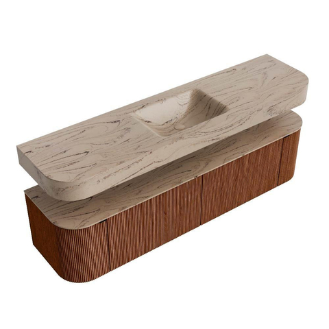 MONDIAZ THOR-DLUX 180cm meuble de salle de bains arrondi gauche + droite couleur Ruby avec 2 tiroirs et 2 portes. Vasque suspendue CLOUD Milieu 1 trou de robinet couleur Arena. SW1466133